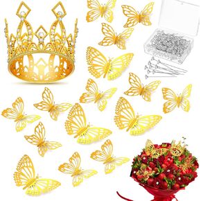 113 Pcs Flower Bouquet Accessories Mini Crown Toppers Corsage Bouquet Pins 3D Butterfly Decor for Floral Festival Wedding Birthday Mother's Day Bouquet DIY(Gold)