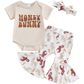 Lamuusaa Newborn Baby Girl Easter Outfit Honey Bunny Romper Onesie Bunny Flared Pants Headband Summer Outfit 0-18M in Kuwait