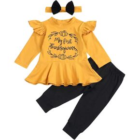 SEVEN YOUNG My First Thanksgiving Outfits Kids Toddler Baby Girls Ruffle Sleeve Shirt+Pants Set Fall Clothes
