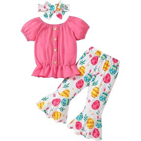 Guodeunh Toddler Baby Girl Easter Outfits Girl Short Sleeve Shirt Top Bunny Bell Bottom Flared Pants Set Summer Clothes 1-5Y