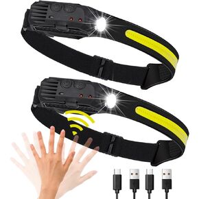 Grace Marci Rechargeable 230° Wide Beam Head Lamp, LED with Motion Sensor, Lightweight and Waterproof Head Light for Camping Accessories Gear, Hiking, Running, Repairing, Fishing, Cycling(2 Pcs) in Kuwait