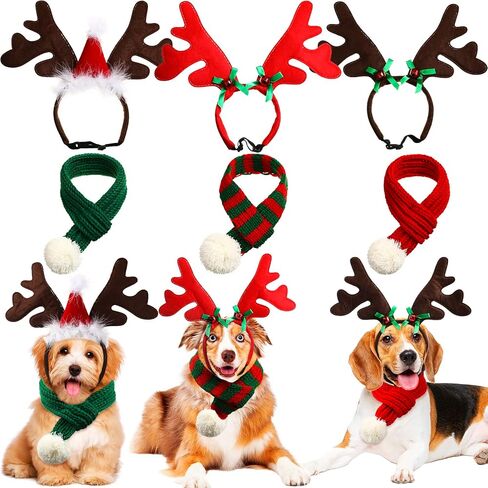 6 Pcs Christmas Dog Costume Set, 3 Christmas Dog Elk Reindeer Antlers Headbands and 3 Dog Christmas Scarfs Xmas Pet Dog Reindeer Costume Accessories for Dogs in Saudi Arabia