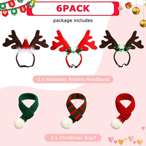 6 Pcs Christmas Dog Costume Set, 3 Christmas Dog Elk Reindeer Antlers Headbands and 3 Dog Christmas Scarfs Xmas Pet Dog Reindeer Costume Accessories for Dogs in Saudi Arabia