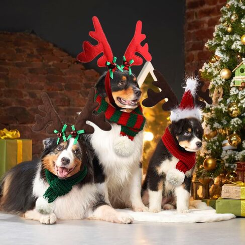 6 Pcs Christmas Dog Costume Set, 3 Christmas Dog Elk Reindeer Antlers Headbands and 3 Dog Christmas Scarfs Xmas Pet Dog Reindeer Costume Accessories for Dogs in Saudi Arabia