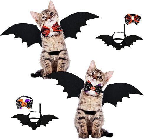 مجموعتان من اجنحة الخفاش والكلاب والقطط والهالوين مع ربطات فيونكة، اكسسوارات زي الحيوانات الاليفة مع طوق قابل للتعديل وشريط فيلكرو للحفلات التنكرية للكلاب الصغيرة والجراء والقطط الصغيرة in Kuwait