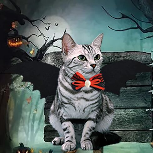 مجموعتان من اجنحة الخفاش والكلاب والقطط والهالوين مع ربطات فيونكة، اكسسوارات زي الحيوانات الاليفة مع طوق قابل للتعديل وشريط فيلكرو للحفلات التنكرية للكلاب الصغيرة والجراء والقطط الصغيرة in Kuwait