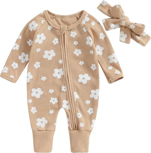 Fall Winter Clothes Newborn Infant Baby Girl Long Sleeve Romper Jumpsuit Floral One Piece Outfit (Light Khaki, 0-3 Months) in Saudi Arabia