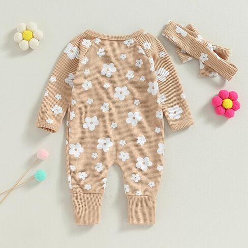 Fall Winter Clothes Newborn Infant Baby Girl Long Sleeve Romper Jumpsuit Floral One Piece Outfit (Light Khaki, 0-3 Months) in Saudi Arabia