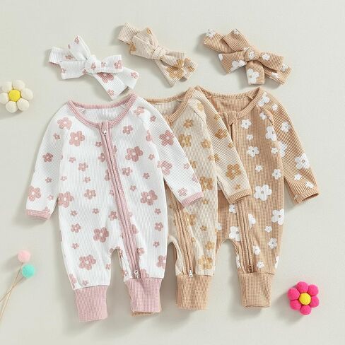 Fall Winter Clothes Newborn Infant Baby Girl Long Sleeve Romper Jumpsuit Floral One Piece Outfit (Light Khaki, 0-3 Months) in Saudi Arabia