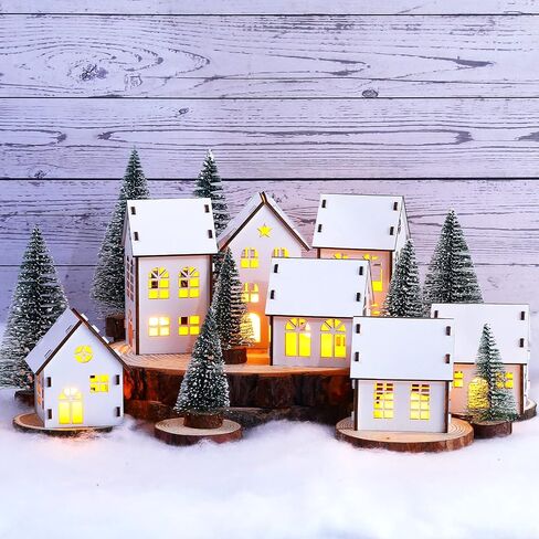 Sawysine Winter Village Kit DIY White Wood Village Houses Mini Tree Farmhouse Winter Christmas Village Sets Christmas Scene Desktop Ornament for Winter Xmas Holiday Party(48 Pcs) in Saudi Arabia