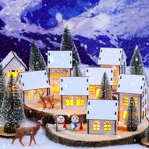 Sawysine Winter Village Kit DIY White Wood Village Houses Mini Tree Farmhouse Winter Christmas Village Sets Christmas Scene Desktop Ornament for Winter Xmas Holiday Party(48 Pcs) in Saudi Arabia