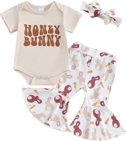 Lamuusaa Newborn Baby Girl Easter Outfit Honey Bunny Romper Onesie Bunny Flared Pants Headband Summer Outfit 0-18M in Kuwait
