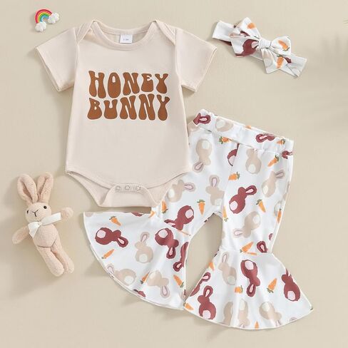 Lamuusaa Newborn Baby Girl Easter Outfit Honey Bunny Romper Onesie Bunny Flared Pants Headband Summer Outfit 0-18M in Kuwait