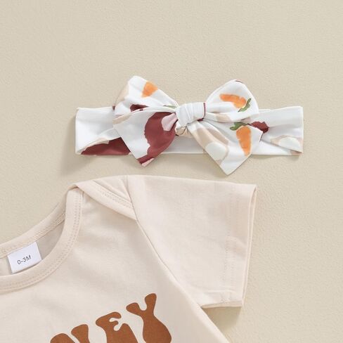 Lamuusaa Newborn Baby Girl Easter Outfit Honey Bunny Romper Onesie Bunny Flared Pants Headband Summer Outfit 0-18M in Kuwait