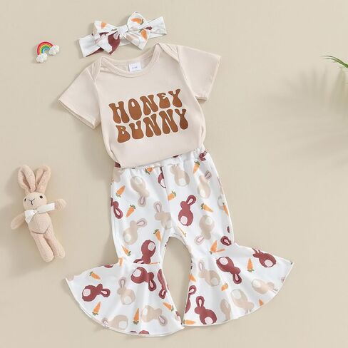 Lamuusaa Newborn Baby Girl Easter Outfit Honey Bunny Romper Onesie Bunny Flared Pants Headband Summer Outfit 0-18M in Kuwait