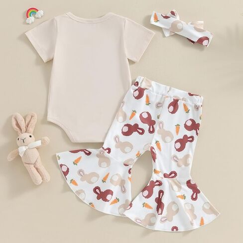 Lamuusaa Newborn Baby Girl Easter Outfit Honey Bunny Romper Onesie Bunny Flared Pants Headband Summer Outfit 0-18M in Kuwait