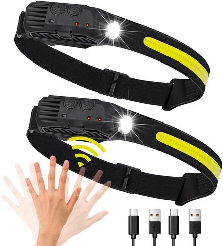 Grace Marci Rechargeable 230° Wide Beam Head Lamp, LED with Motion Sensor, Lightweight and Waterproof Head Light for Camping Accessories Gear, Hiking, Running, Repairing, Fishing, Cycling(2 Pcs) in Kuwait