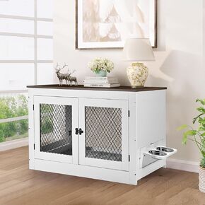 أثاث قفص للكلاب من Homiesetify مع أوعية للكلاب قابلة للتدوير بزاوية 360 درجة، وطاولة نهاية خشبية لبيت الكلاب مقاس 41 بوصة مع وسادة وصينية وأبواب مزدوجة، للاستخدام الداخلي في بيت قفص الحيوانات الأليفة للكلاب المتوسطة والكبيرة (أبيض) in Kuwait
