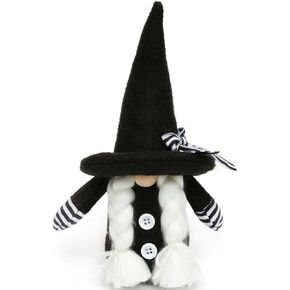 MeraVic Witchy Woman GNOME أسود/أبيض مع الأنف الخشبية، ضفائر بيضاء، أرمز، أزرار وقوس مخطط 3.5 بوصة × 2.5 بوصة × 7.5 بوصة in Kuwait