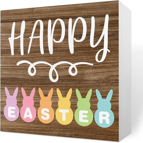 Rustic Spring Happy Easter Bunny Decorations Home Office Desk Decor Farmhouse Cute Wood Box Sign Easter Party Gift Ideas Shelf Wall Art Decor 5 X 5 Inch in Kuwait