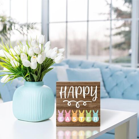 Rustic Spring Happy Easter Bunny Decorations Home Office Desk Decor Farmhouse Cute Wood Box Sign Easter Party Gift Ideas Shelf Wall Art Decor 5 X 5 Inch in Saudi Arabia