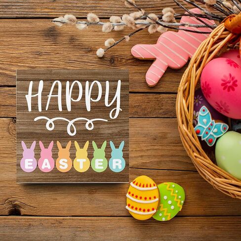 Rustic Spring Happy Easter Bunny Decorations Home Office Desk Decor Farmhouse Cute Wood Box Sign Easter Party Gift Ideas Shelf Wall Art Decor 5 X 5 Inch in Saudi Arabia