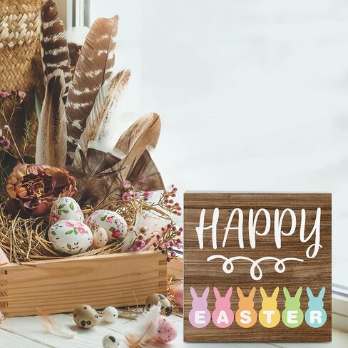 Rustic Spring Happy Easter Bunny Decorations Home Office Desk Decor Farmhouse Cute Wood Box Sign Easter Party Gift Ideas Shelf Wall Art Decor 5 X 5 Inch in Saudi Arabia
