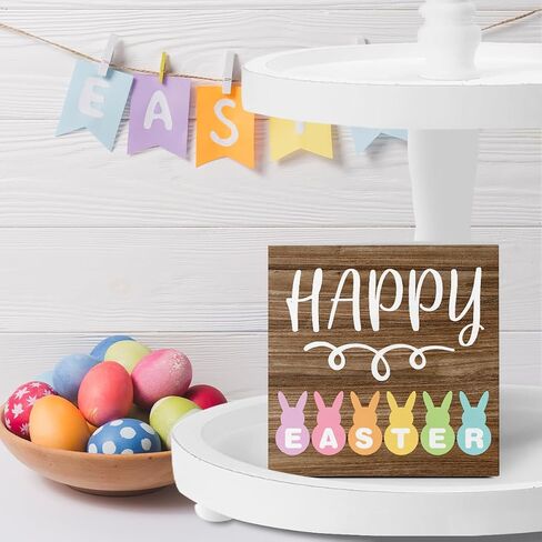 Rustic Spring Happy Easter Bunny Decorations Home Office Desk Decor Farmhouse Cute Wood Box Sign Easter Party Gift Ideas Shelf Wall Art Decor 5 X 5 Inch in Saudi Arabia
