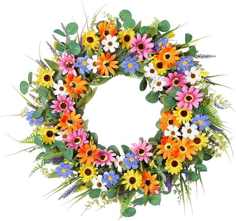 Dremisland 22 Inch Colorful Daisy Wreath Spring Summer Wildflower Wreath with Green Eucalyptus Leaves for Front Door Artificial Floral Wreath Window Wall Farmhouse Wedding Party Festival Decor in Saudi Arabia