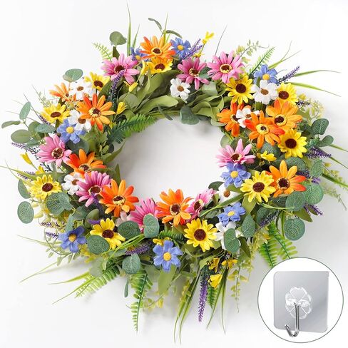 Dremisland 22 Inch Colorful Daisy Wreath Spring Summer Wildflower Wreath with Green Eucalyptus Leaves for Front Door Artificial Floral Wreath Window Wall Farmhouse Wedding Party Festival Decor in Saudi Arabia