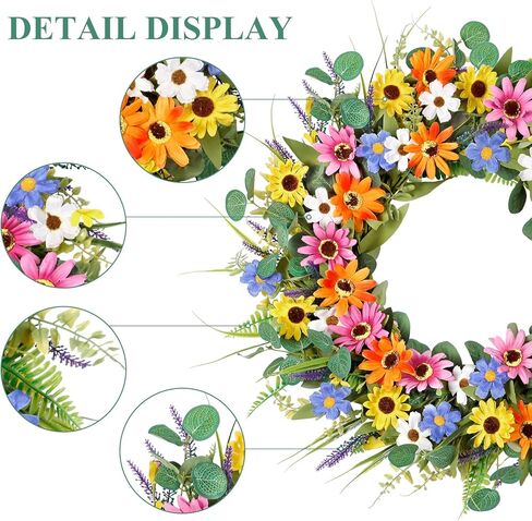 Dremisland 22 Inch Colorful Daisy Wreath Spring Summer Wildflower Wreath with Green Eucalyptus Leaves for Front Door Artificial Floral Wreath Window Wall Farmhouse Wedding Party Festival Decor in Saudi Arabia