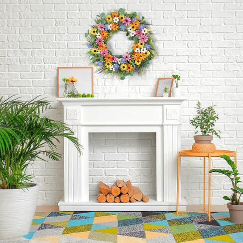 Dremisland 22 Inch Colorful Daisy Wreath Spring Summer Wildflower Wreath with Green Eucalyptus Leaves for Front Door Artificial Floral Wreath Window Wall Farmhouse Wedding Party Festival Decor in Saudi Arabia