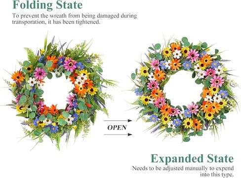 Dremisland 22 Inch Colorful Daisy Wreath Spring Summer Wildflower Wreath with Green Eucalyptus Leaves for Front Door Artificial Floral Wreath Window Wall Farmhouse Wedding Party Festival Decor in Saudi Arabia