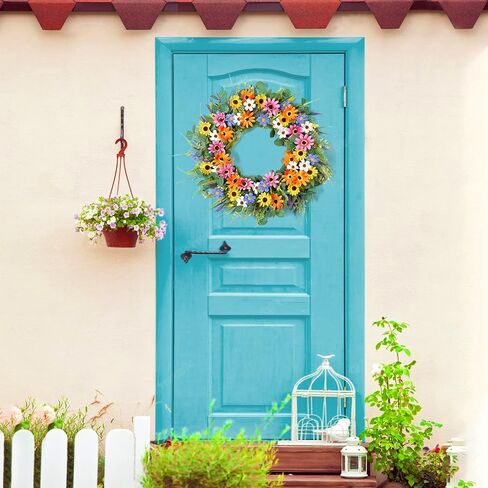 Dremisland 22 Inch Colorful Daisy Wreath Spring Summer Wildflower Wreath with Green Eucalyptus Leaves for Front Door Artificial Floral Wreath Window Wall Farmhouse Wedding Party Festival Decor in Saudi Arabia