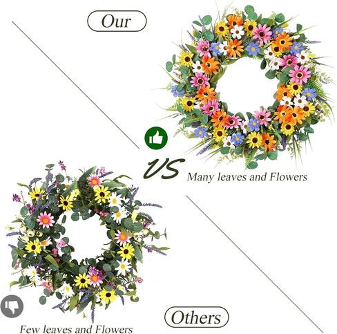 Dremisland 22 Inch Colorful Daisy Wreath Spring Summer Wildflower Wreath with Green Eucalyptus Leaves for Front Door Artificial Floral Wreath Window Wall Farmhouse Wedding Party Festival Decor in Saudi Arabia