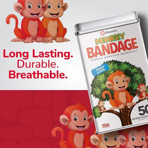 BioSwiss Bandages, Monkey Shaped Self Adhesive Bandage, Latex Free Sterile Wound Care, 50 Count in Kuwait