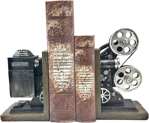 Bellaa 20904 Vintage Camera Bookends Film Movie Projector Book Shelves Cottage Farmhouse Antiques Home Decor Black and Silver 8 Inch in Saudi Arabia