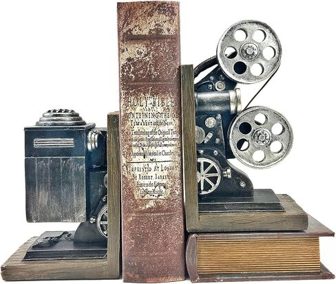 Bellaa 20904 Vintage Camera Bookends Film Movie Projector Book Shelves Cottage Farmhouse Antiques Home Decor Black and Silver 8 Inch in Saudi Arabia