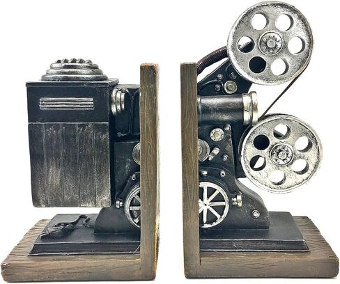 Bellaa 20904 Vintage Camera Bookends Film Movie Projector Book Shelves Cottage Farmhouse Antiques Home Decor Black and Silver 8 Inch in Saudi Arabia