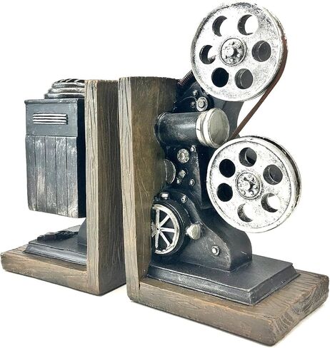 Bellaa 20904 Vintage Camera Bookends Film Movie Projector Book Shelves Cottage Farmhouse Antiques Home Decor Black and Silver 8 Inch in Saudi Arabia