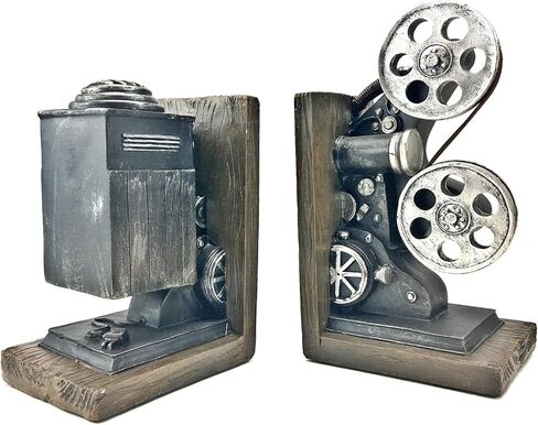 Bellaa 20904 Vintage Camera Bookends Film Movie Projector Book Shelves Cottage Farmhouse Antiques Home Decor Black and Silver 8 Inch in Saudi Arabia