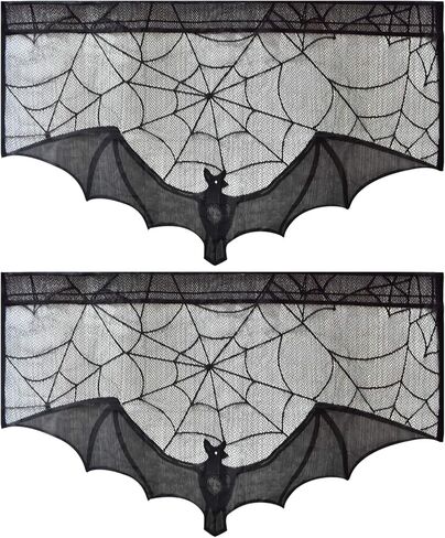 ZeeDix 2 Pcs Halloween Black Lace Bat Window Curtains- Spiderweb Tablecloth Bat Shower Curtain Window Valance Spider Cobweb Fireplace Mantles Scarf for Halloween Party Decor, Halloween Party Supplies in Saudi Arabia