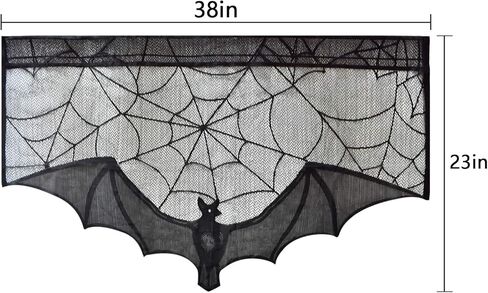 ZeeDix 2 Pcs Halloween Black Lace Bat Window Curtains- Spiderweb Tablecloth Bat Shower Curtain Window Valance Spider Cobweb Fireplace Mantles Scarf for Halloween Party Decor, Halloween Party Supplies in Saudi Arabia