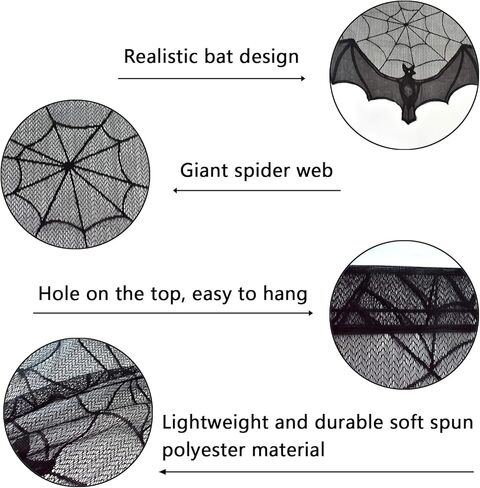 ZeeDix 2 Pcs Halloween Black Lace Bat Window Curtains- Spiderweb Tablecloth Bat Shower Curtain Window Valance Spider Cobweb Fireplace Mantles Scarf for Halloween Party Decor, Halloween Party Supplies in Saudi Arabia