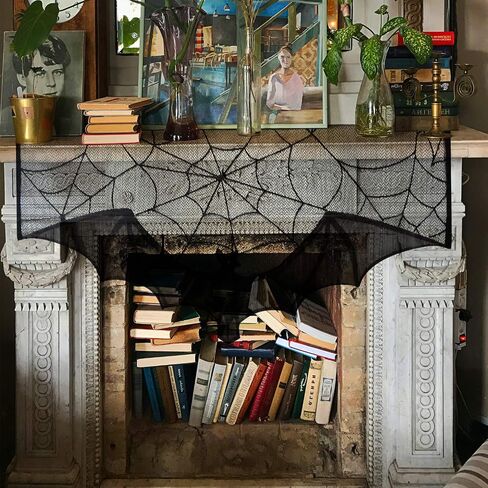 ZeeDix 2 Pcs Halloween Black Lace Bat Window Curtains- Spiderweb Tablecloth Bat Shower Curtain Window Valance Spider Cobweb Fireplace Mantles Scarf for Halloween Party Decor, Halloween Party Supplies in Saudi Arabia