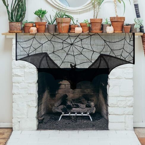 ZeeDix 2 Pcs Halloween Black Lace Bat Window Curtains- Spiderweb Tablecloth Bat Shower Curtain Window Valance Spider Cobweb Fireplace Mantles Scarf for Halloween Party Decor, Halloween Party Supplies in Saudi Arabia