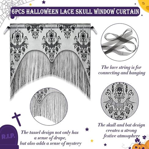 ZeeDix 2 Pcs Halloween Black Lace Bat Window Curtains- Spiderweb Tablecloth Bat Shower Curtain Window Valance Spider Cobweb Fireplace Mantles Scarf for Halloween Party Decor, Halloween Party Supplies in Saudi Arabia