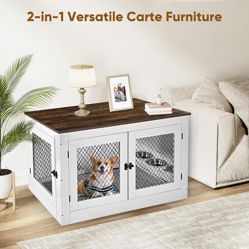 أثاث قفص للكلاب من Homiesetify مع أوعية للكلاب قابلة للتدوير بزاوية 360 درجة، وطاولة نهاية خشبية لبيت الكلاب مقاس 41 بوصة مع وسادة وصينية وأبواب مزدوجة، للاستخدام الداخلي في بيت قفص الحيوانات الأليفة للكلاب المتوسطة والكبيرة (أبيض) in Kuwait