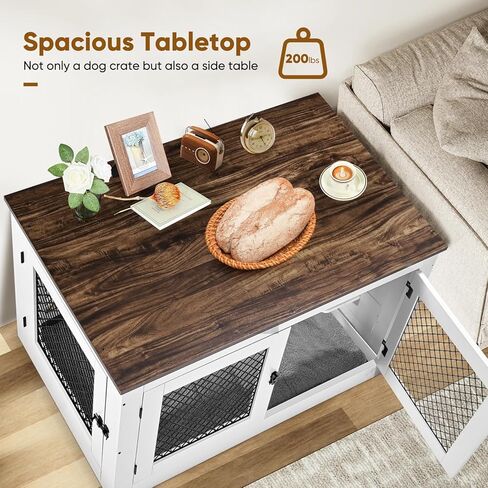 أثاث قفص للكلاب من Homiesetify مع أوعية للكلاب قابلة للتدوير بزاوية 360 درجة، وطاولة نهاية خشبية لبيت الكلاب مقاس 41 بوصة مع وسادة وصينية وأبواب مزدوجة، للاستخدام الداخلي في بيت قفص الحيوانات الأليفة للكلاب المتوسطة والكبيرة (أبيض) in Kuwait