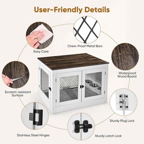 أثاث قفص للكلاب من Homiesetify مع أوعية للكلاب قابلة للتدوير بزاوية 360 درجة، وطاولة نهاية خشبية لبيت الكلاب مقاس 41 بوصة مع وسادة وصينية وأبواب مزدوجة، للاستخدام الداخلي في بيت قفص الحيوانات الأليفة للكلاب المتوسطة والكبيرة (أبيض) in Kuwait